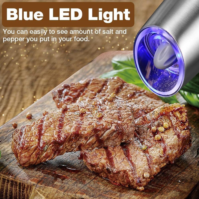 DREWIT STAR Gravity Electric Salt and Pepper Grinder Adjustable Coarseness Automatic Mill Grinder Battery Powered with Blue LED Light One Hand Operated - Image 3