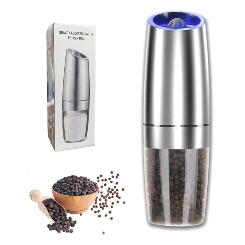 DREWIT STAR Gravity Electric Salt and Pepper Grinder Adjustable Coarseness Automatic Mill Grinder Battery Powered with Blue LED Light One Hand Operated - Image 1