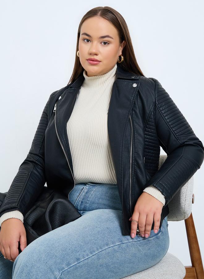 Take Two Plus Size Black Faux Leather Biker Jacket - Image 2