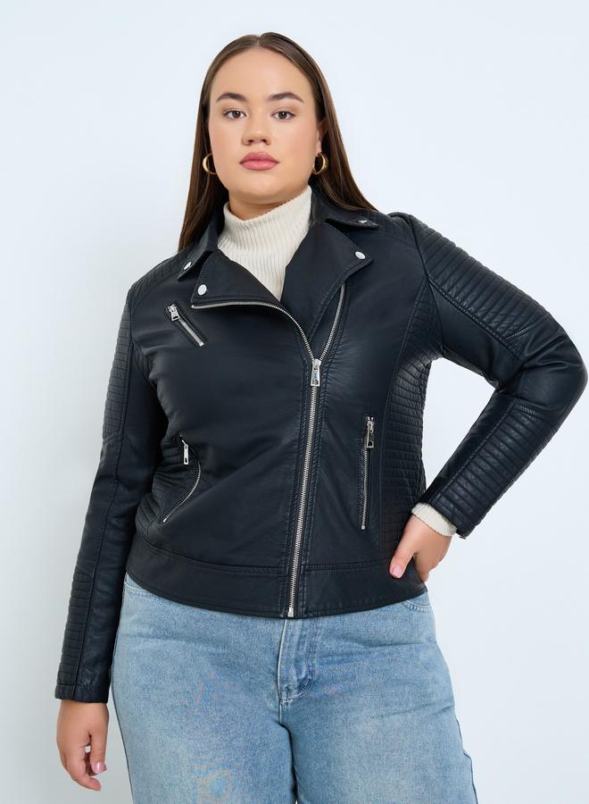 Take Two Plus Size Black Faux Leather Biker Jacket - Image 4
