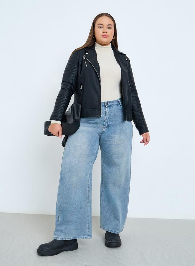 Take Two Plus Size Black Faux Leather Biker Jacket - Image 3