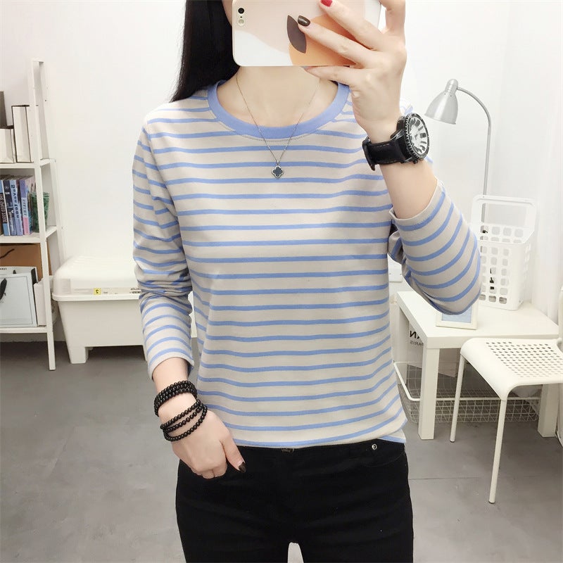 Outer Wearing Long-Sleeved T-Shirt Women'S Loose Plus Size Autumn Clothes Base Shirt Middle-Aged Mother'S Early Autumn Striped Top - Image 1