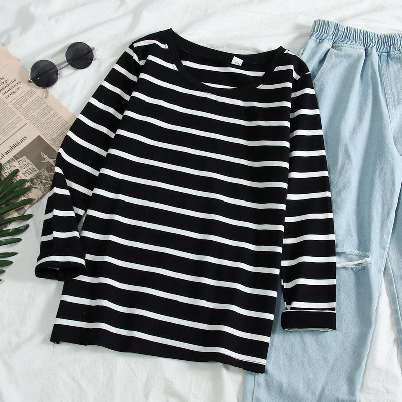 Wholesale spring and autumn new black and white striped bottoming shirt womens long sleeve Korean version of loose Joker T-shirt student jacket ins Black  - Image 1