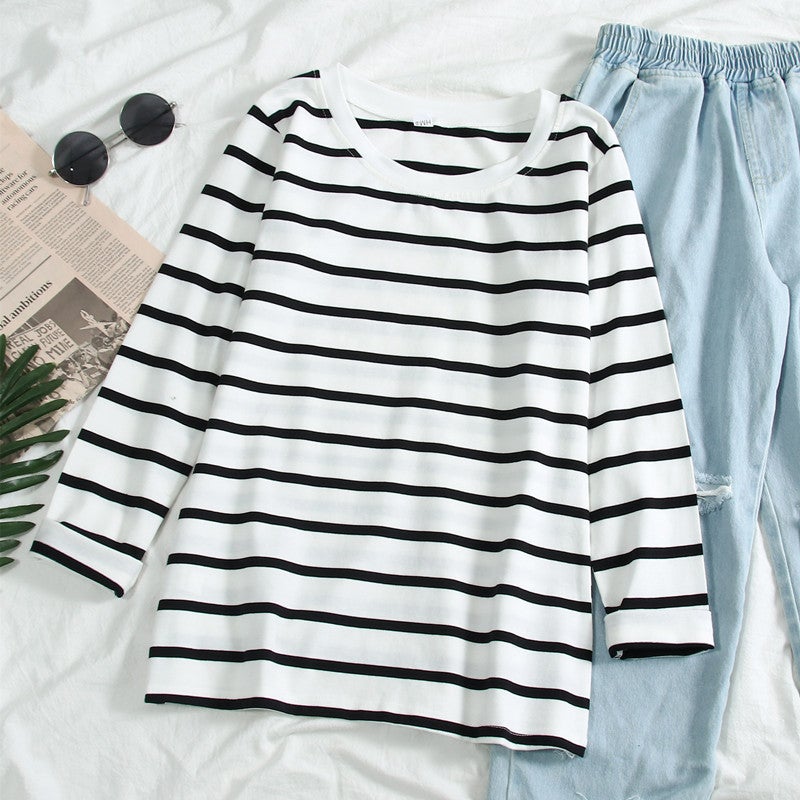 Wholesale spring and autumn new black and white striped bottoming shirt womens long sleeve Korean version of loose Joker T-shirt student jacket ins Black  - Image 2
