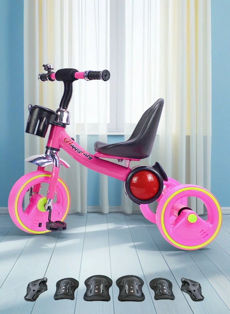 إيزي فيتشور دراجة ثلاثية العجلات سهلة الاستخدام للأطفال من EASY FUTURE، لعبة دراجة ممتعة مع أضواء وموسيقى وسلة (اختر اللون الأزرق أو الأحمر أو الوردي) تتضمن العبوة مجموعة معدات الحماية - Image 1