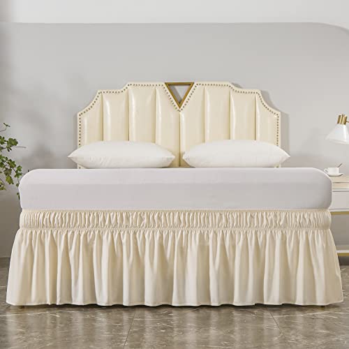 MEILA Wrap Around Bed Skirt Three Fabric Sides Elastic Dust Ruffled 14 Inch Tailored Drop,Easy to Install Fade Resistant-Beige, Queen/King - Image 3