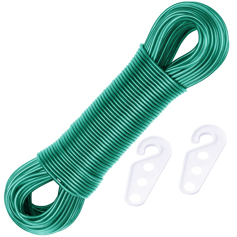 YUNSTK 60M Washing Line Rope Full Steel Core Heavy Duty Clothes Line Wall Mounted Rotary Washing Line Replacement Line with 2 Tensioners Plastic PVC Cover Clotheslines for Outdoor Indoor Garden Dryer