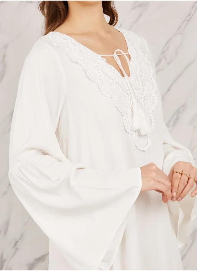 Styli Lace Detail Tie Up Neck Knee Length Dress