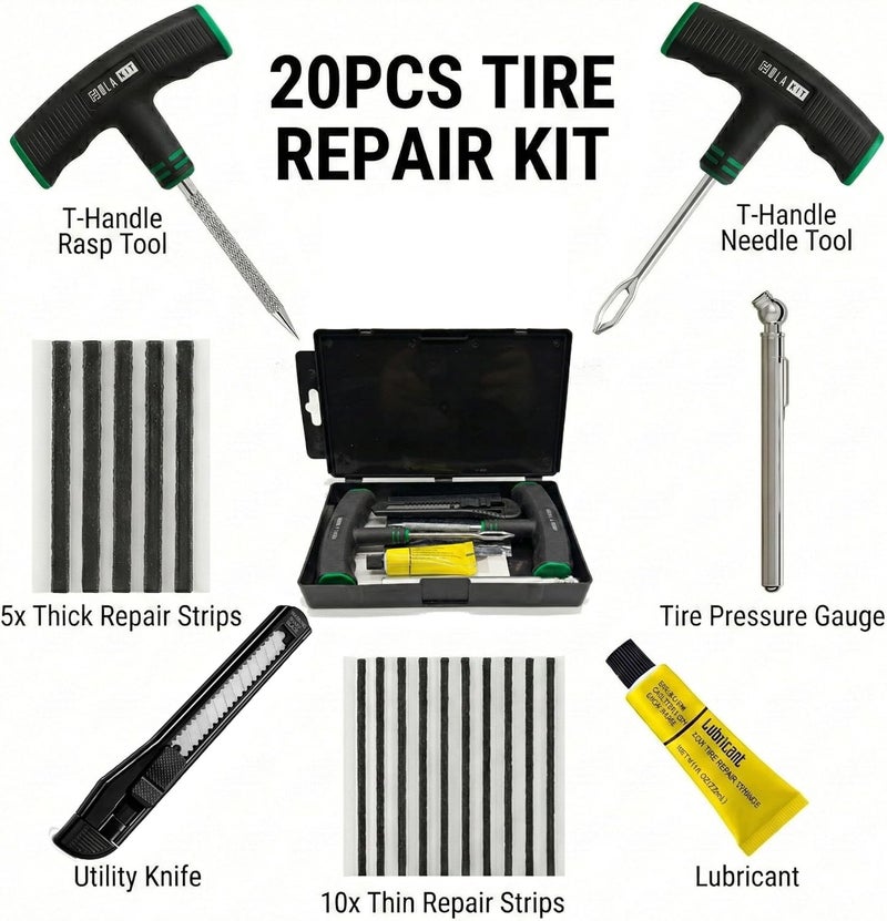 HolaKit 20PCS Tire Repair Kit – Flat Tire Plug Kit inlcudes Ergonomic T-Handle Tools with Rubber Covered Grip, 2 Sizes Tire Repair Strips, Knife, Tire Pressure Gauge & Lubricant – Car, SUV, Motorcycle, ATV - Image 2