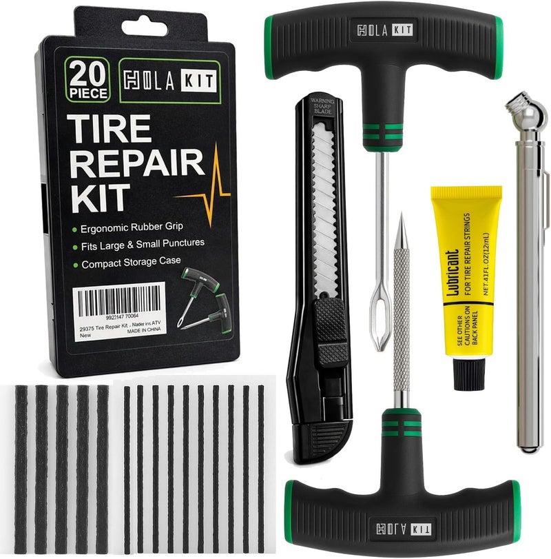 HolaKit 20PCS Tire Repair Kit – Flat Tire Plug Kit inlcudes Ergonomic T-Handle Tools with Rubber Covered Grip, 2 Sizes Tire Repair Strips, Knife, Tire Pressure Gauge & Lubricant – Car, SUV, Motorcycle, ATV - Image 1