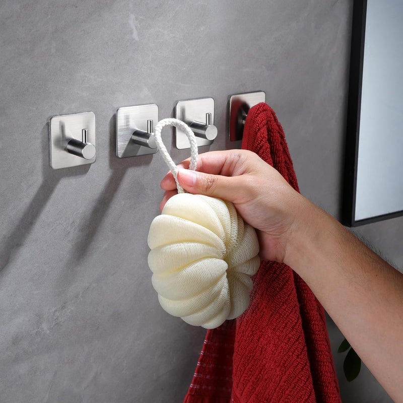 Silver Adhesive Towel Hooks - 4 Pack Stainless Steel Wall Hook for Hanging Towels, Robe, Coat, Heavy Duty Coat Hooks Stick on Bathroom, Kitchen - Image 4