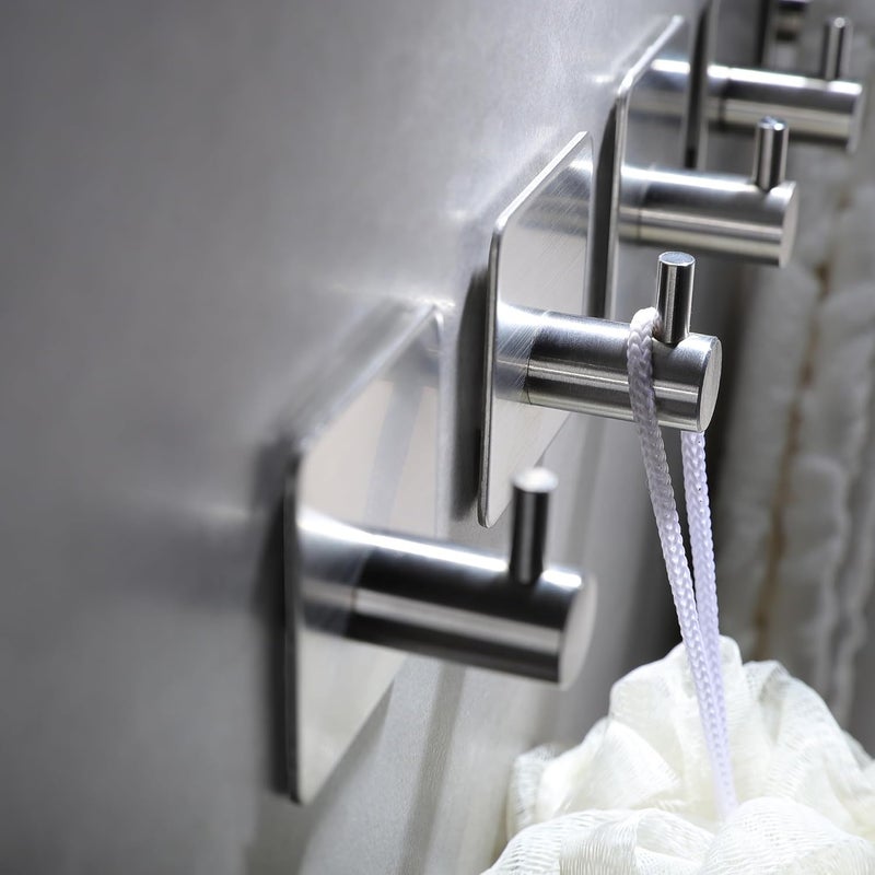 Silver Adhesive Towel Hooks - 4 Pack Stainless Steel Wall Hook for Hanging Towels, Robe, Coat, Heavy Duty Coat Hooks Stick on Bathroom, Kitchen - Image 2