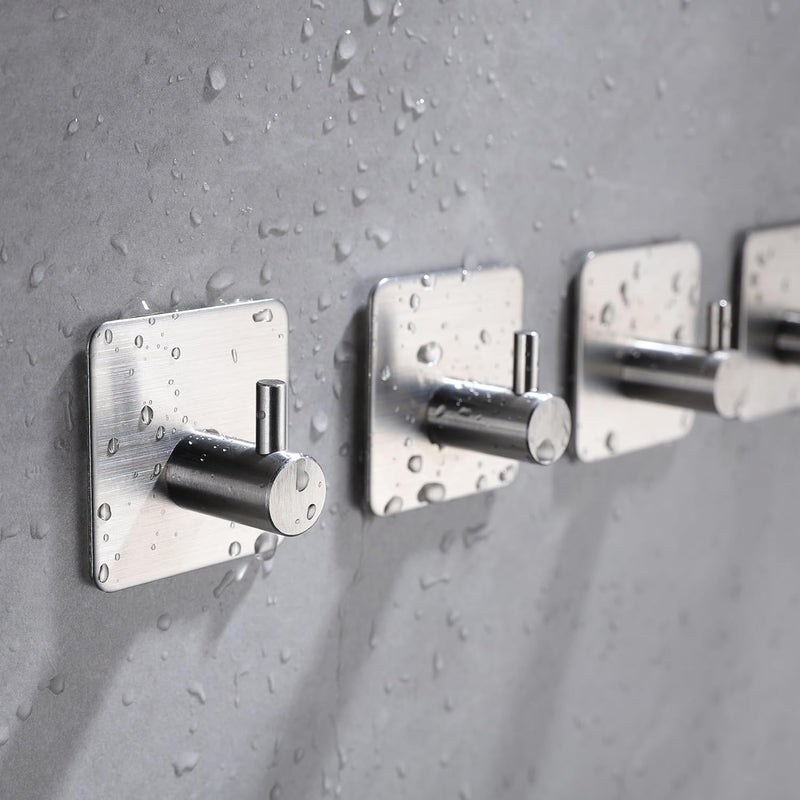 Silver Adhesive Towel Hooks - 4 Pack Stainless Steel Wall Hook for Hanging Towels, Robe, Coat, Heavy Duty Coat Hooks Stick on Bathroom, Kitchen - Image 1
