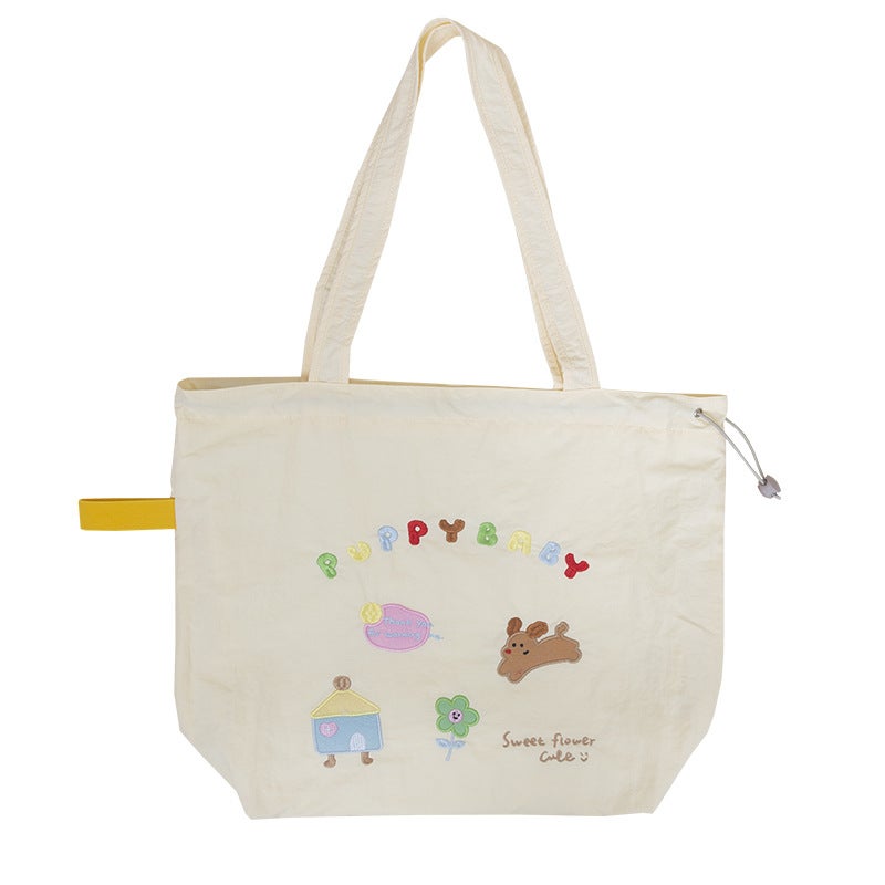 Original New Niche Embroidered Cartoon Animal Drawstring Shoulder Bag Simple Large Capacity Work Commuter Canvas Bag Women - Image 4