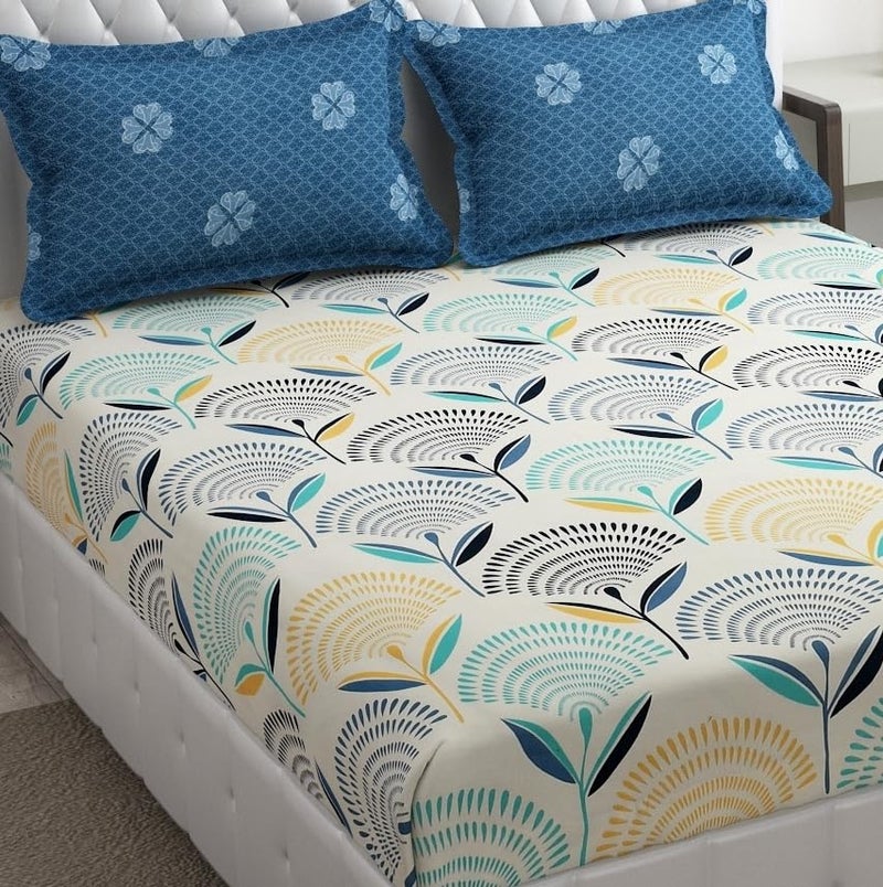 SHOMES SHOMES Premium Cotton Flat Double Bedsheets with 2 King Size Pillow Covers Double Bed Breathable Wrinklefree Ultrasoft 220 TC Supersoft 90x90 Inches 7X75 Feet Floral Cream Navy  - Image 3