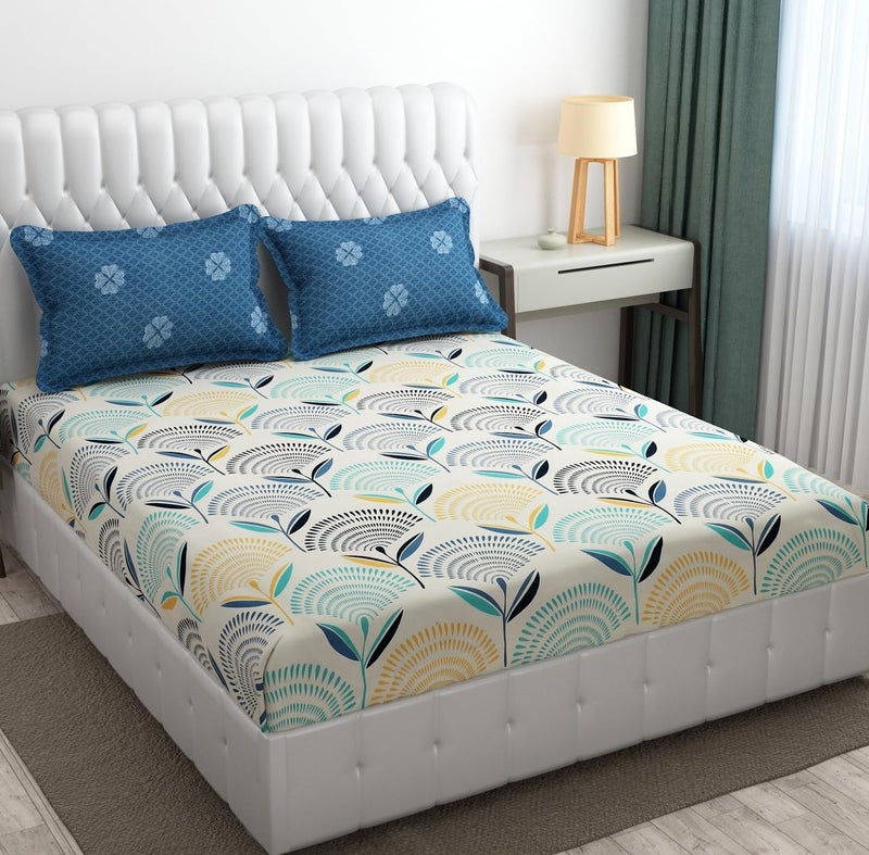 SHOMES SHOMES Premium Cotton Flat Double Bedsheets with 2 King Size Pillow Covers Double Bed Breathable Wrinklefree Ultrasoft 220 TC Supersoft 90x90 Inches 7X75 Feet Floral Cream Navy  - Image 1