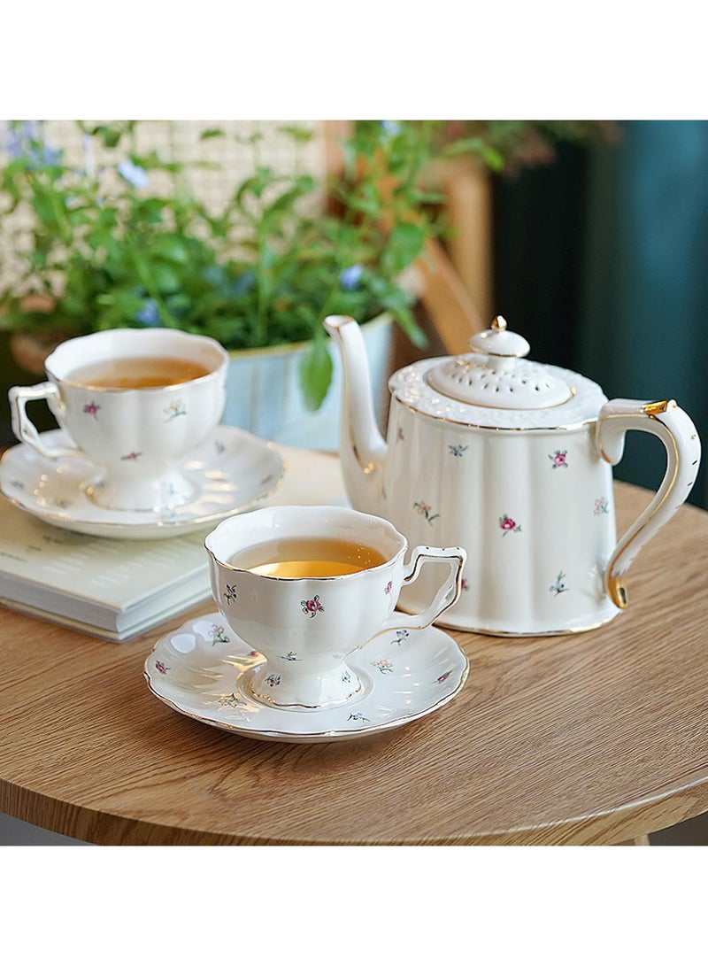 M MIAOYAN Porcelain Tea Cup and Saucer Set Ceramic Coffee Mug with Saucer Vintage Coffee Cup with Gold Trim for Mom Women Mother's Day, Flowers Pattern - Image 2