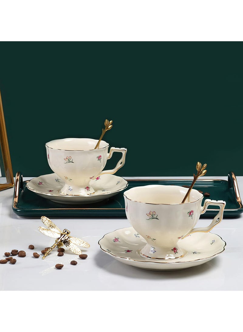 M MIAOYAN Porcelain Tea Cup and Saucer Set Ceramic Coffee Mug with Saucer Vintage Coffee Cup with Gold Trim for Mom Women Mother's Day, Flowers Pattern - Image 3