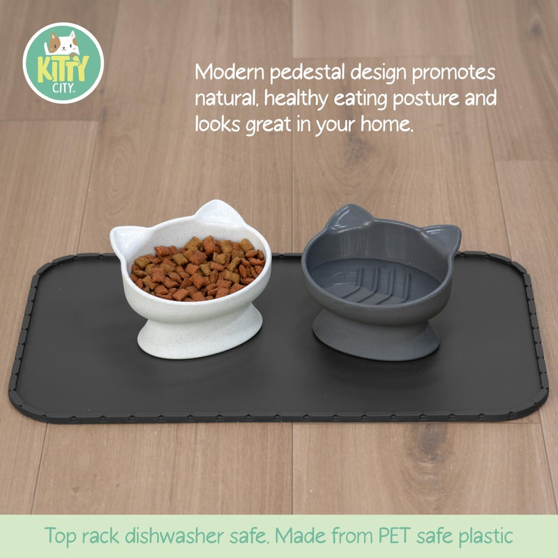 Kitty City Elevated Slow Feeder Cat Bowls (Set of 2), Whisker-Friendly Raised Cat Food Dishes with Ridges, Helps Reduce Fast Eating & Digestion Issues, Dishwasher Safe, 6.5 oz â€“ White & Gray - Image 2