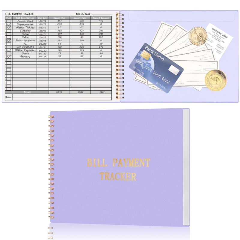 HAUTOCO Bill Tracker Notebook Monthly Bill Payment Tracker for Personal Budgeting Home Financial with 2 Storage Pocket, Payments Checklist Organizer Bill Planner 10.1 x 7.8'', Purple - Image 1