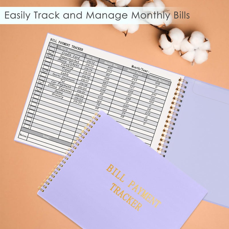 HAUTOCO Bill Tracker Notebook Monthly Bill Payment Tracker for Personal Budgeting Home Financial with 2 Storage Pocket, Payments Checklist Organizer Bill Planner 10.1 x 7.8'', Purple - Image 2