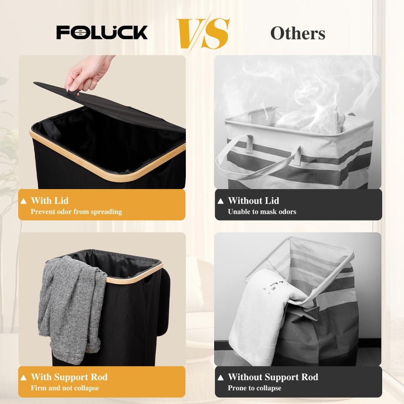 Foluck Large Laundry Hamper, 100L Waterproof Laundry Basket with Lid and Removable Bag, Collapsible Tall Clothes Hamper with Bamboo Handles for Clothes Toys in Dorm Bedroom Bathroom, Black - Image 4
