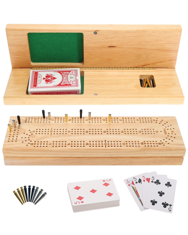 WE Games Wooden Cribbage Board Game Set, Continuous 3 Track for 2-3 Players, Travel Cribbage Board with Card Storage, Includes 9 Metal Pegs & Deck of Cards, Card Games, Classic Board Games for Adults - Image 1