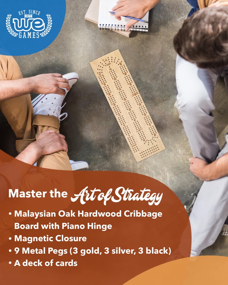 WE Games Wooden Cribbage Board Game Set, Continuous 3 Track for 2-3 Players, Travel Cribbage Board with Card Storage, Includes 9 Metal Pegs & Deck of Cards, Card Games, Classic Board Games for Adults - Image 5