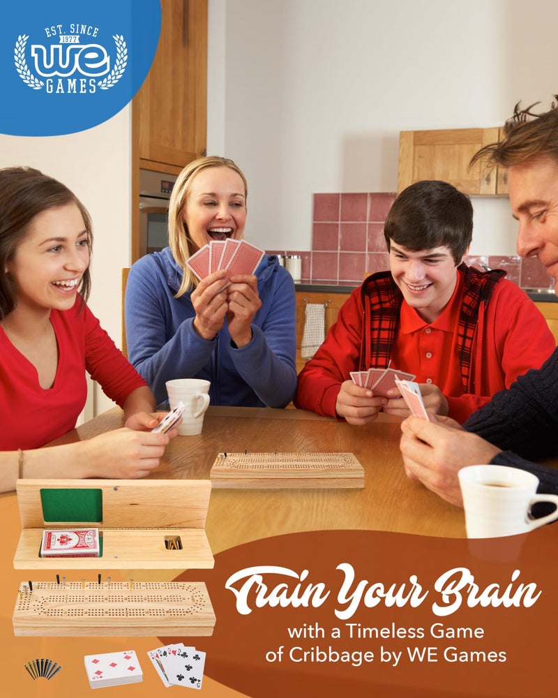 WE Games Wooden Cribbage Board Game Set, Continuous 3 Track for 2-3 Players, Travel Cribbage Board with Card Storage, Includes 9 Metal Pegs & Deck of Cards, Card Games, Classic Board Games for Adults - Image 2