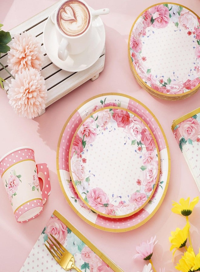 JarThenaAMCS Pink Floral Tea Party Supplies Serves 24 Summer Tea Party Disposable Paper Dinnerware 7/9 Inch Plate 9oz Tea Cup with Handle Napkins Total 120 PCS for Wedding Bride Shower Cold Warm Drink - Image 3