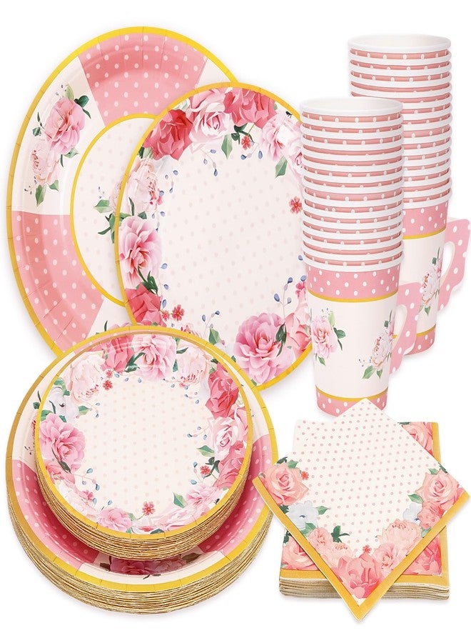 JarThenaAMCS Pink Floral Tea Party Supplies Serves 24 Summer Tea Party Disposable Paper Dinnerware 7/9 Inch Plate 9oz Tea Cup with Handle Napkins Total 120 PCS for Wedding Bride Shower Cold Warm Drink - Image 1