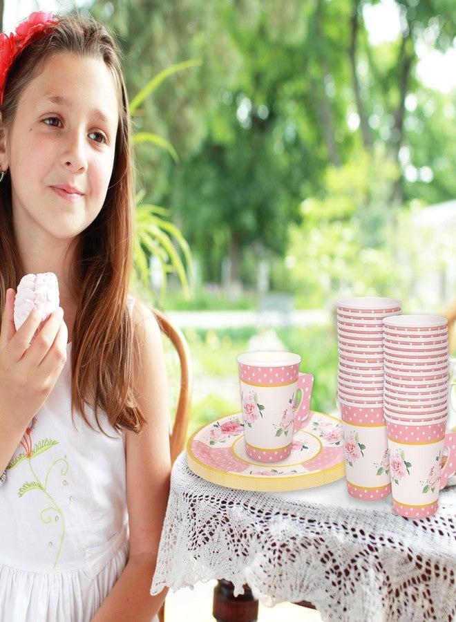 JarThenaAMCS Pink Floral Tea Party Supplies Serves 24 Summer Tea Party Disposable Paper Dinnerware 7/9 Inch Plate 9oz Tea Cup with Handle Napkins Total 120 PCS for Wedding Bride Shower Cold Warm Drink - Image 4