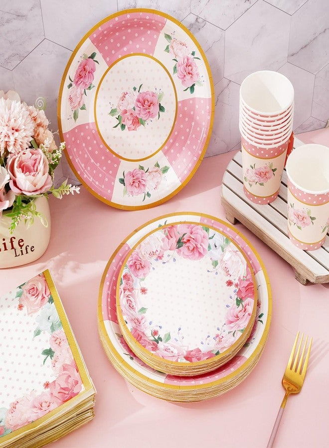 JarThenaAMCS Pink Floral Tea Party Supplies Serves 24 Summer Tea Party Disposable Paper Dinnerware 7/9 Inch Plate 9oz Tea Cup with Handle Napkins Total 120 PCS for Wedding Bride Shower Cold Warm Drink - Image 5