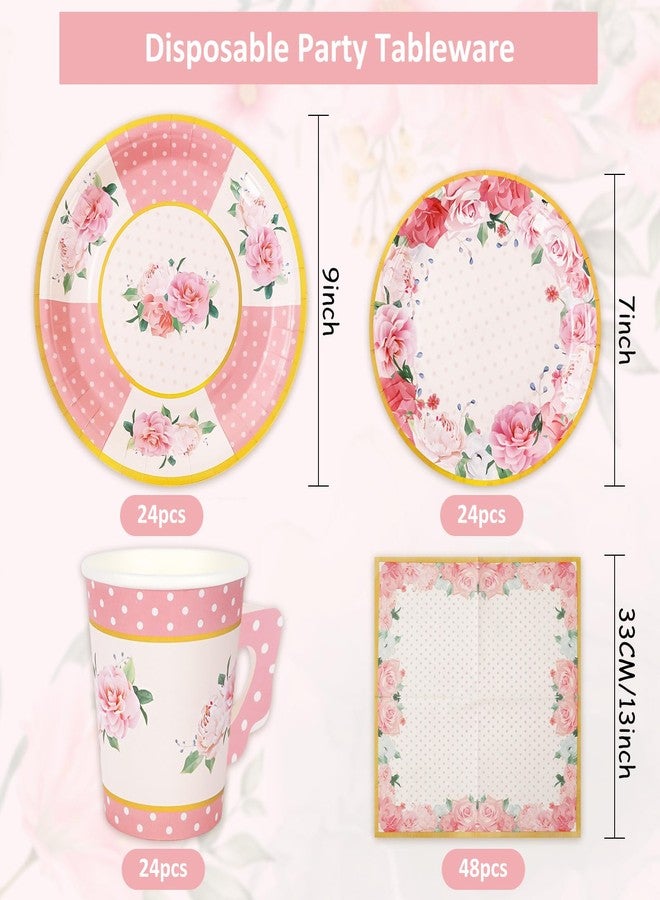 JarThenaAMCS Pink Floral Tea Party Supplies Serves 24 Summer Tea Party Disposable Paper Dinnerware 7/9 Inch Plate 9oz Tea Cup with Handle Napkins Total 120 PCS for Wedding Bride Shower Cold Warm Drink - Image 2