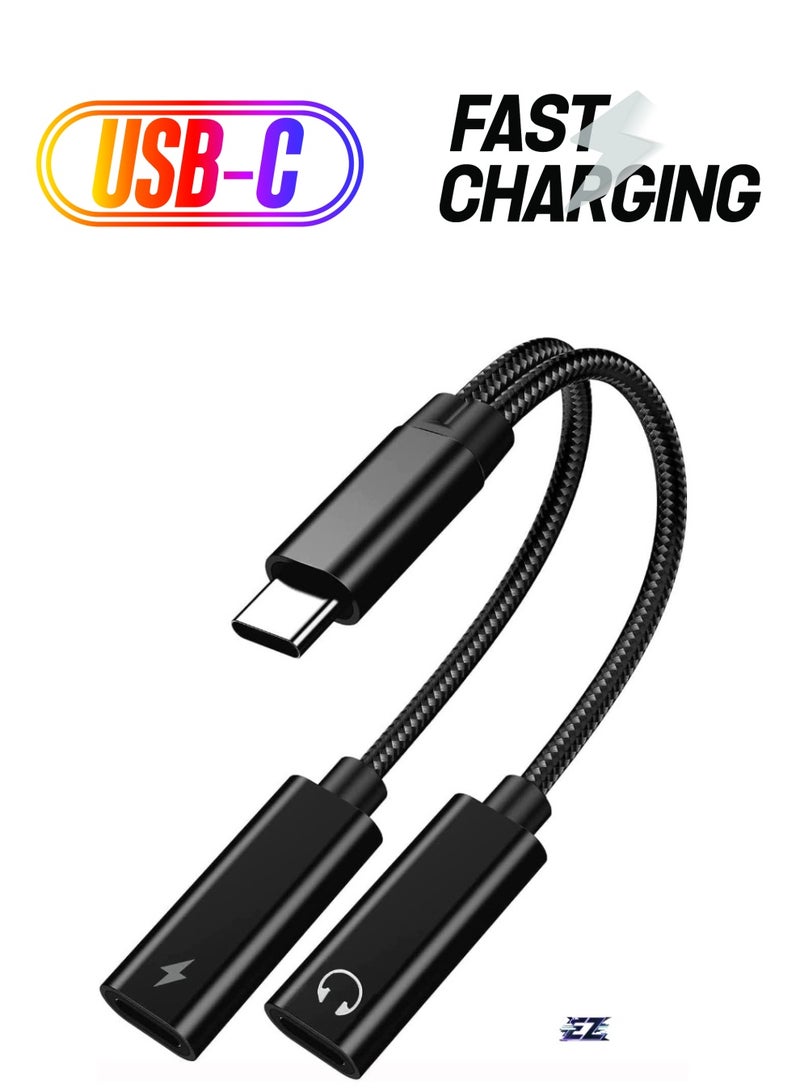 ELTRAZONE USB Type C to Dual USB C Female Audio Adapter & Charger Splitter - 2-in-1 Headphone & Charging Aux Cable for Samsung Galaxy S24/S24+/S24 Ultra/S23/S23+/S23 Ultra/S22 Ultra/S22+/S22 - Fast Charging & High-Quality Audio, Durable, Compact Design (Black) - Image 1