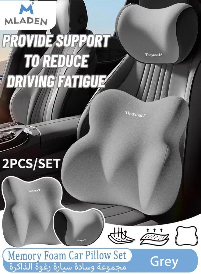 MLADEN 2 قطعة/مجموعة وسادة السيارة وسادة دعم قطنية ميموري فوم للظهر ووسادة للرقبة للسيارة طقم وسادة مسند رأس مريح لمساند الرأس في المكتب وسادة دعم الظهر للسيارة مع حزام قابل للتعديل (رمادي) - Image 1
