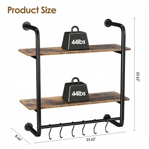 Kssiaz 2 Tier Industrial Pipe Floating Shelf, 24" Kitchen Wall Shelves with Towel Bar & 6 Hooks, Coffee Bar Shelves Display Bookshelf Wall Shelf for Kitchen, Bathroom, Home Décor, Rustic Brown - Image 2