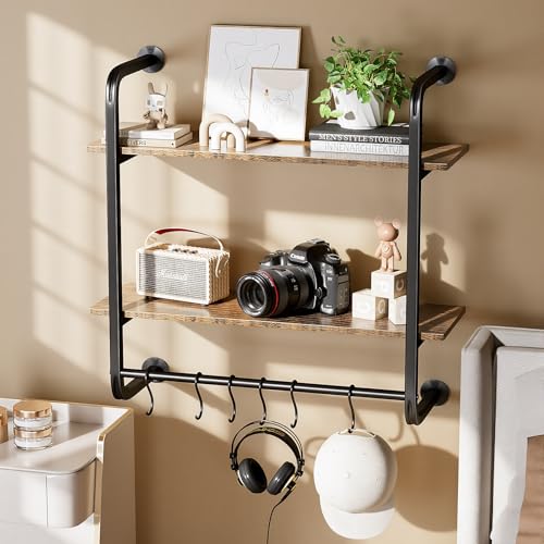 Kssiaz 2 Tier Industrial Pipe Floating Shelf, 24" Kitchen Wall Shelves with Towel Bar & 6 Hooks, Coffee Bar Shelves Display Bookshelf Wall Shelf for Kitchen, Bathroom, Home Décor, Rustic Brown - Image 5