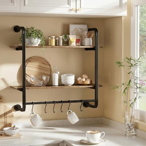 Kssiaz 2 Tier Industrial Pipe Floating Shelf, 24" Kitchen Wall Shelves with Towel Bar & 6 Hooks, Coffee Bar Shelves Display Bookshelf Wall Shelf for Kitchen, Bathroom, Home Décor, Rustic Brown - Image 4