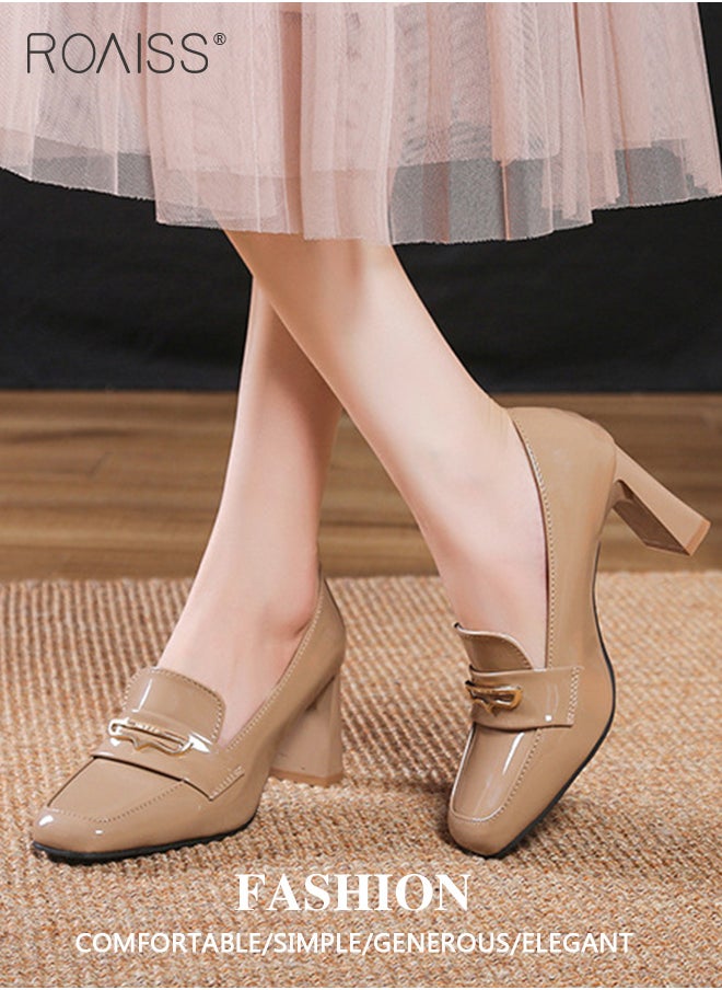 roaiss Business Thick Heel Loafers For Women, Professional Crisp Patent Leather Mary Jane Shoes Fashionable And Versatile Shallow Leather Shoes  - Image 2