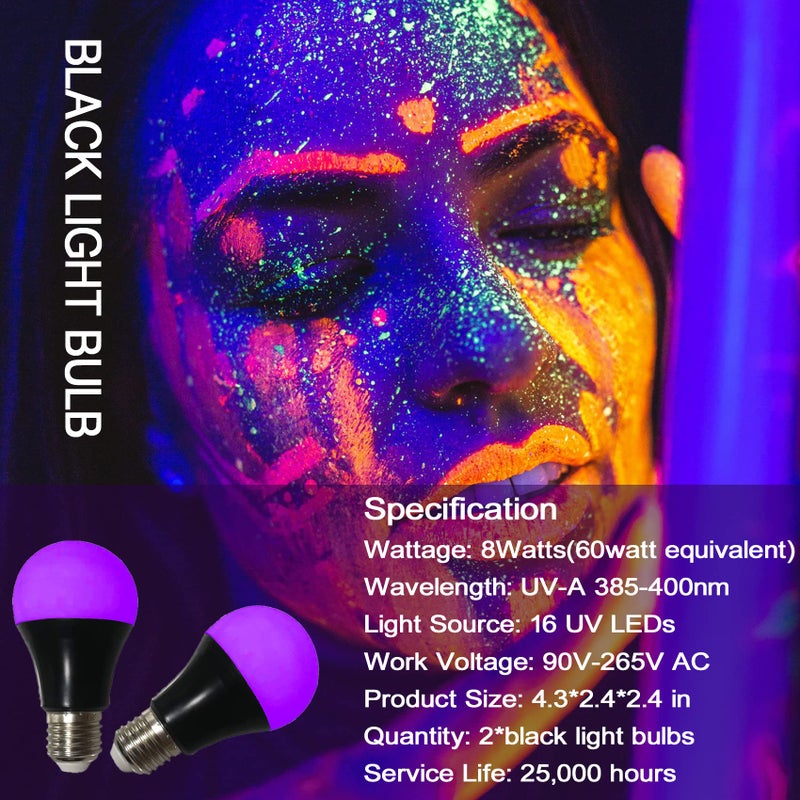 CICINY UV LED Black Light Bulbs 2 Pack, A19 E26 8W Blacklight Bulb for Glow in The Dark, UVA Level 385-400nm, Blacklight Light Bulbs for Parties Body Paint Fluorescent Poster Pet Stains - Image 2