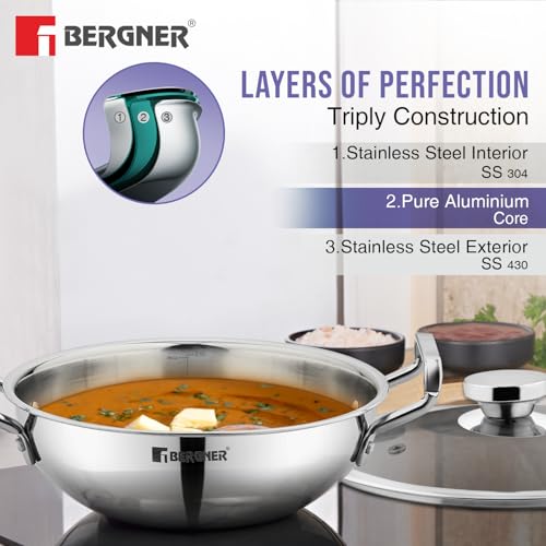 BERGNER طقم أواني الطهي من بيرجنر BE Essentials TriPro TriPly من الفولاذ المقاوم للصدأ 3 قطع - 24 سم (3 ل) كاداي، 14 سم (1.1 ل) تيبان، 22 سم (1 ل) مقلاة، يستهلك زيت أقل، توزيع حرارة متساوي - قاعدة تحريض - Image 4