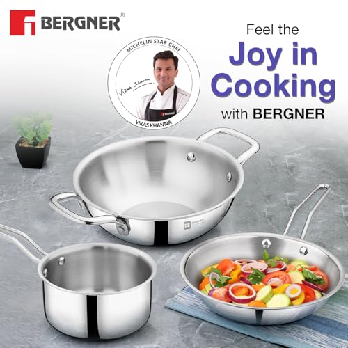BERGNER طقم أواني الطهي من بيرجنر BE Essentials TriPro TriPly من الفولاذ المقاوم للصدأ 3 قطع - 24 سم (3 ل) كاداي، 14 سم (1.1 ل) تيبان، 22 سم (1 ل) مقلاة، يستهلك زيت أقل، توزيع حرارة متساوي - قاعدة تحريض - Image 2