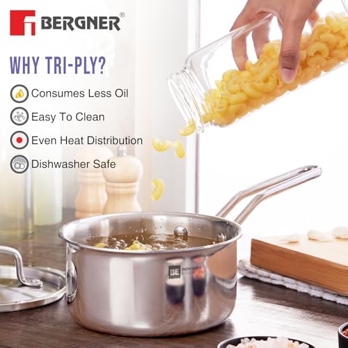 BERGNER طقم أواني الطهي من بيرجنر BE Essentials TriPro TriPly من الفولاذ المقاوم للصدأ 3 قطع - 24 سم (3 ل) كاداي، 14 سم (1.1 ل) تيبان، 22 سم (1 ل) مقلاة، يستهلك زيت أقل، توزيع حرارة متساوي - قاعدة تحريض - Image 5