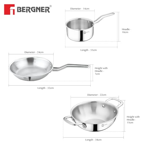BERGNER طقم أواني الطهي من بيرجنر BE Essentials TriPro TriPly من الفولاذ المقاوم للصدأ 3 قطع - 24 سم (3 ل) كاداي، 14 سم (1.1 ل) تيبان، 22 سم (1 ل) مقلاة، يستهلك زيت أقل، توزيع حرارة متساوي - قاعدة تحريض - Image 3