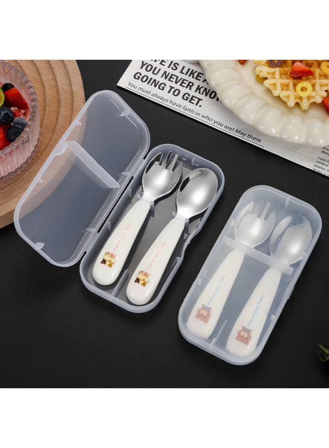 304 Stainless Steel Children's Cartoon Tableware Feeding Household Spoon Baby Food Supplement Tableware Spoon Fork Two-piece Set-Specifications:White Kitten Fork - Image 3