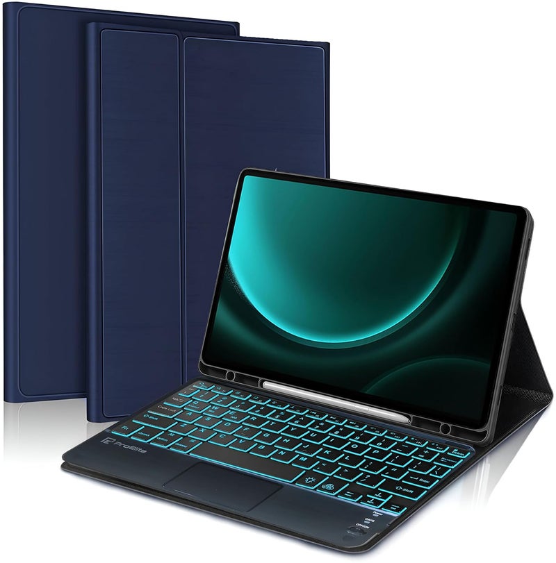 ProElite TouchPad Keyboard case for Samsung Galaxy Tab S9 FE+/S10+ 12.4 inch with S Pen Holder, Magnetic Detachable Wireless Bluetooth TouchPad Keyboard Built-in 7-Colors Backlit, Dark Blue - Image 1