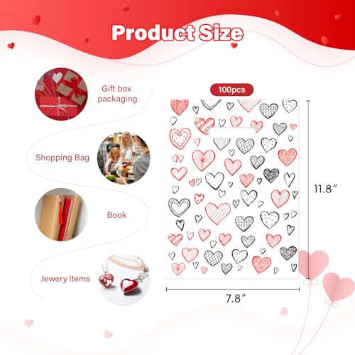 Linelglobal 100 Pack Valentine Treat Bag Plastic Valentines Gift Bag with Handle for Party Goodie 7.8x11.8 Heart Design - Image 2
