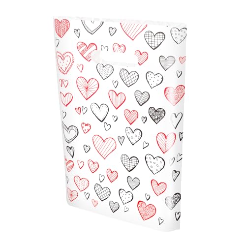 Linelglobal 100 Pack Valentine Treat Bag Plastic Valentines Gift Bag with Handle for Party Goodie 7.8x11.8 Heart Design - Image 1