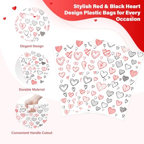 Linelglobal 100 Pack Valentine Treat Bag Plastic Valentines Gift Bag with Handle for Party Goodie 7.8x11.8 Heart Design - Image 3